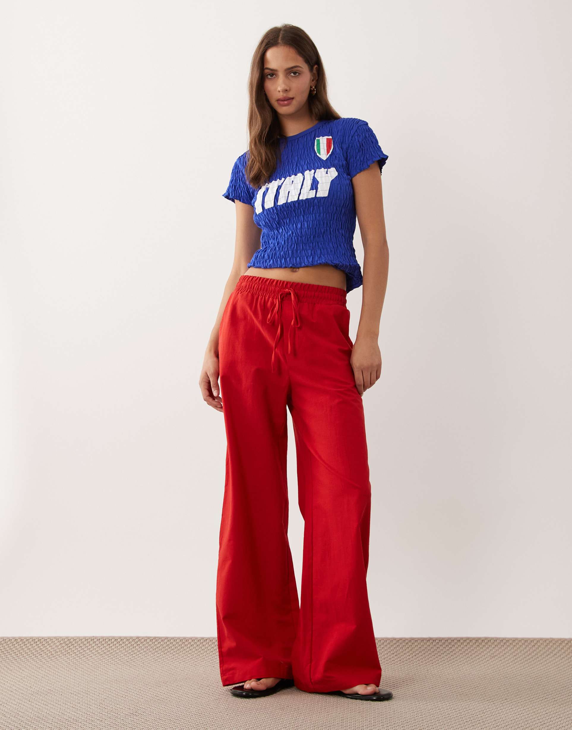 miss selfridge linen blend wide leg pants in red