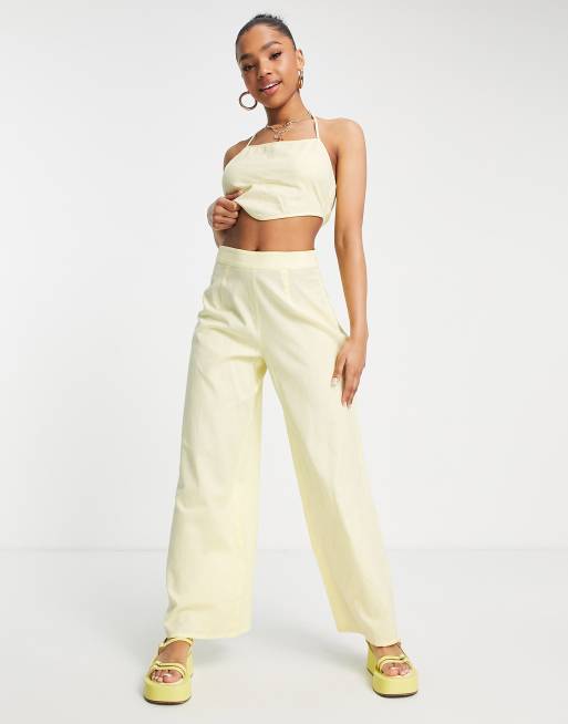 Miss Selfridge linen blend wide leg trouser co-ord in lemon, 3 of 4