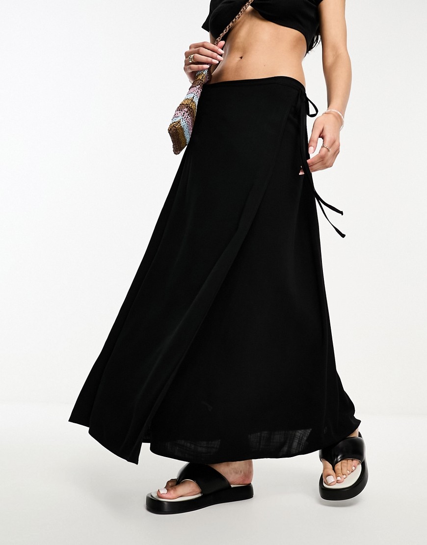 Miss Selfridge linen blend wrap maxi skirt in black