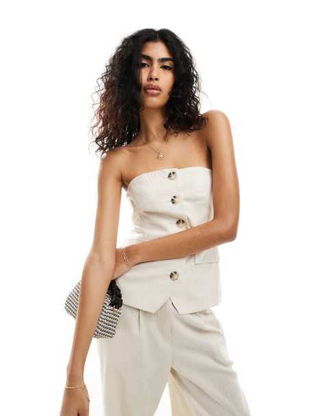 Miss Selfridge linen button through bandeau top in natural (part of a set) - view 1