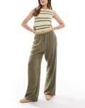 [Miss Selfridge] Miss Selfridge linen drawstring waist wide leg pants-Green 18 Khaki