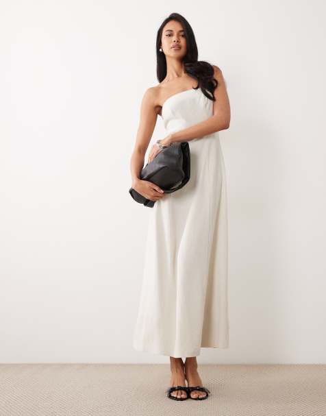Miss Selfridge linen look bandeau maxi dress in stone - view 1