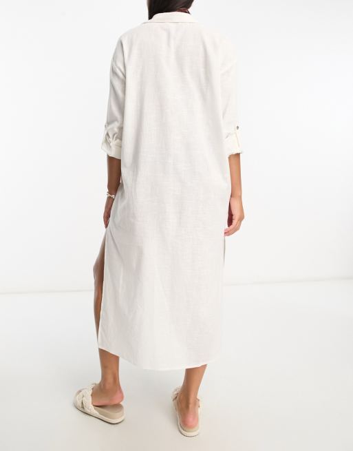 Miss Selfridge linen look beach maxi shirt in ecru | ASOS