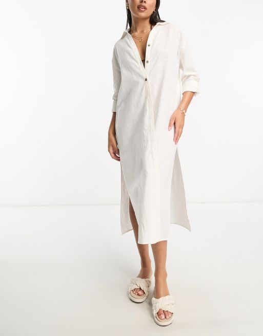 Miss Selfridge linen look beach maxi shirt in ecru | ASOS