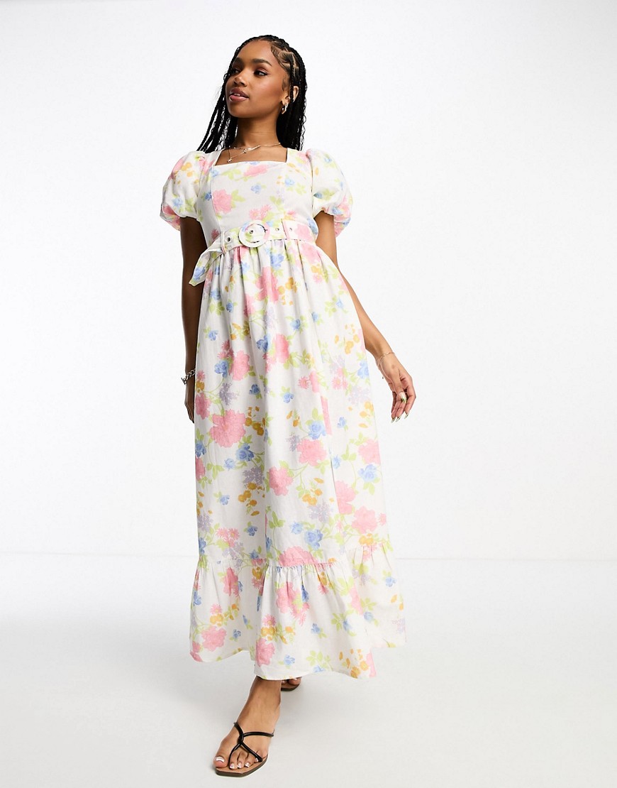 Miss Selfridge linen look belted maxi dress in floral-Multi