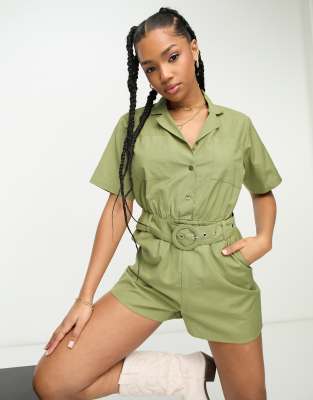 Miss Selfridge linen look belted utility playsuit in khaki-Green