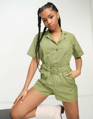 linen look belted utility romper in khaki-Green