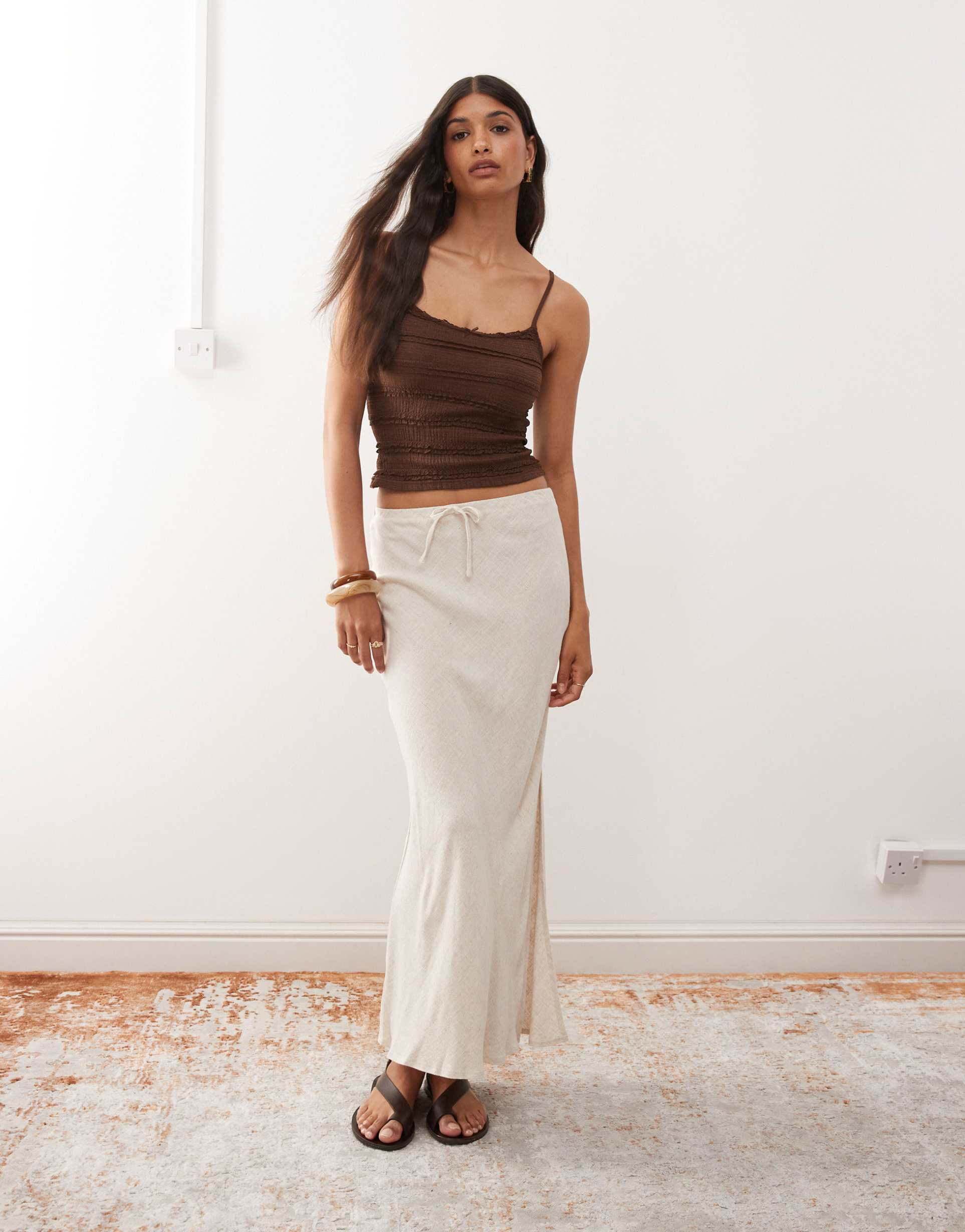 miss selfridge linen look bias cut maxi skirt in stone