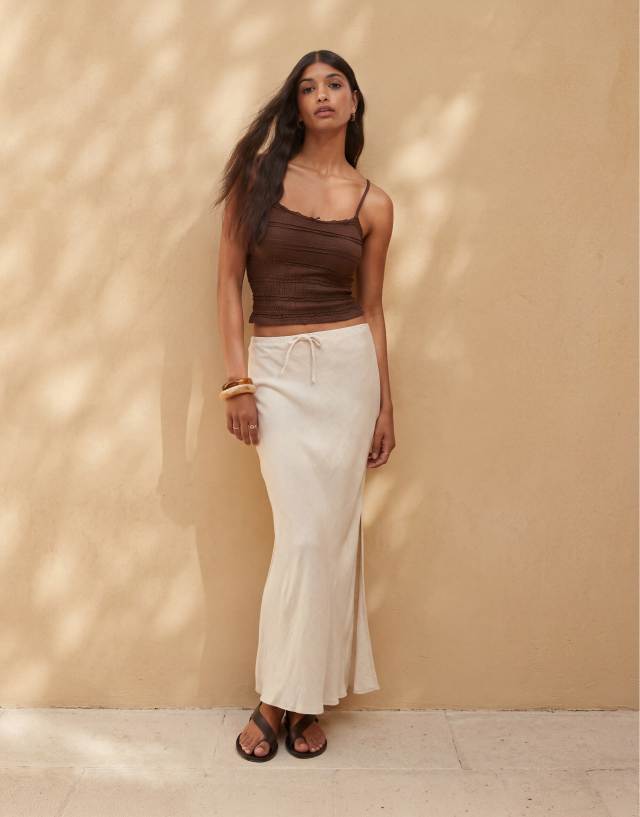 Miss Selfridge linen look bias cut maxi skirt in stone | ASOS