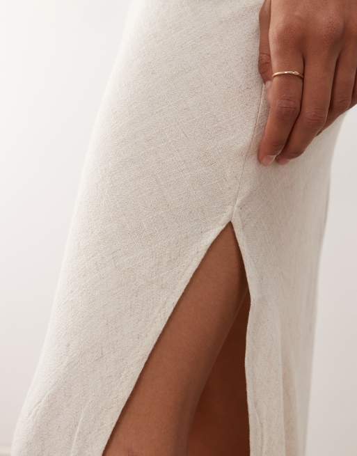 Miss Selfridge linen look bias cut maxi skirt in stone, 3 of 5