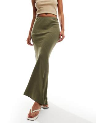 linen look bias maxi skirt in khaki-Green