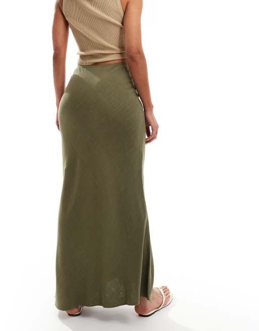 Miss Selfridge linen look bias maxi skirt in khaki, 3 of 5