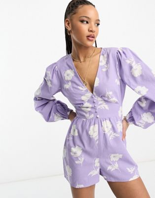 Miss Selfridge linen look button through playsuit in lilac hibiscus print