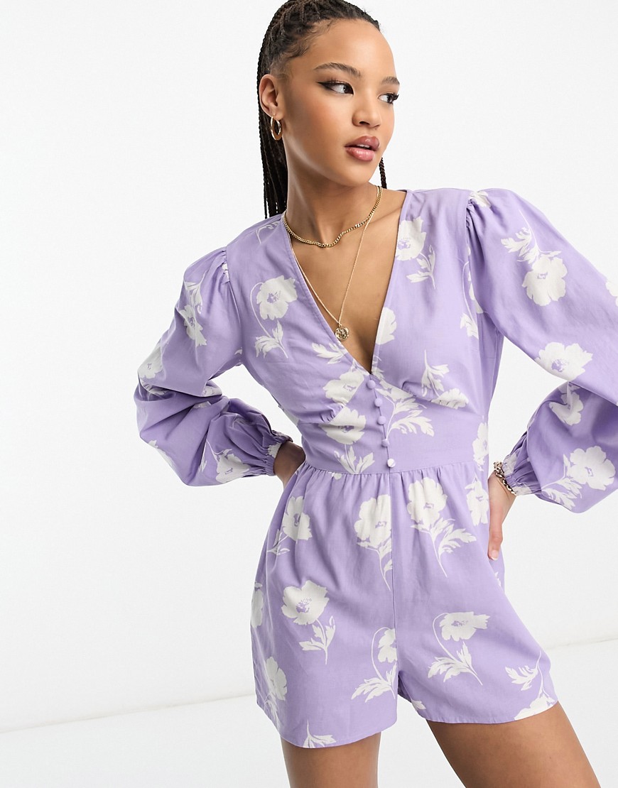 Miss Selfridge linen look button through playsuit in lilac hibiscus print-Purple