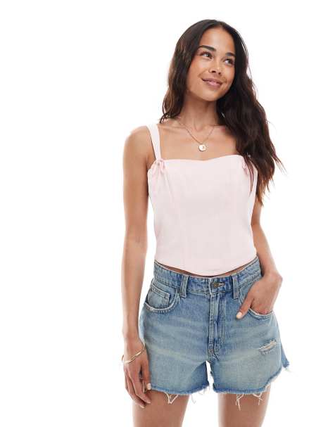 Miss Selfridge linen look corset top with bow detail in light pink - view 1