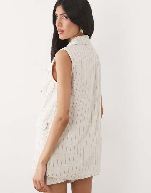 Miss Selfridge linen look double breasted blazer co-ord in neutral stripe, 4 of 4