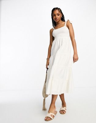 Miss Selfridge linen look frill strap tiered maxi dress in ivory | ASOS