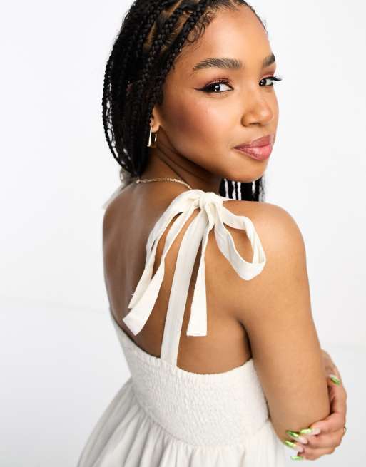 Miss Selfridge linen look frill strap tiered maxi dress in ivory | ASOS