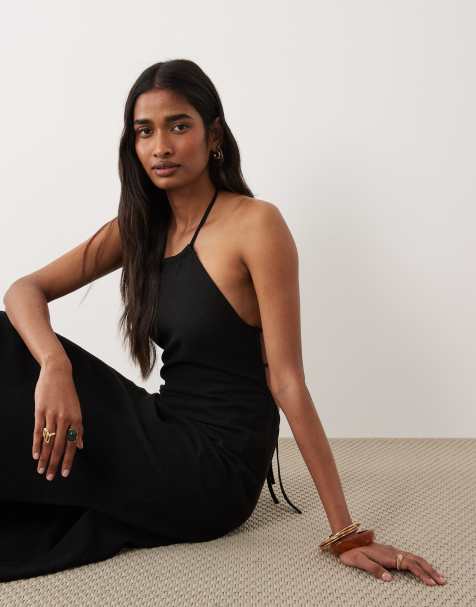 Miss Selfridge linen look halter maxi dress in black - view 1