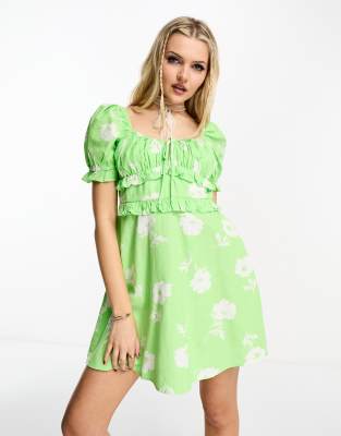 Miss Selfridge Linen Look Milkmaid Mini Tea Dress In Green Floral