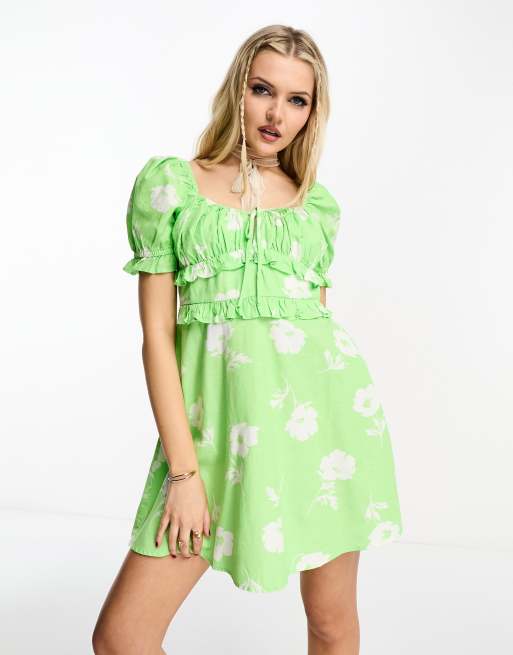 Miss Selfridge linen-look milkmaid mini tea dress in green floral 