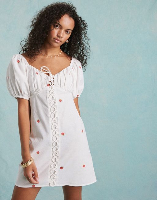 Miss Selfridge linen look mini dress Jay in cream with fruit embroidery
