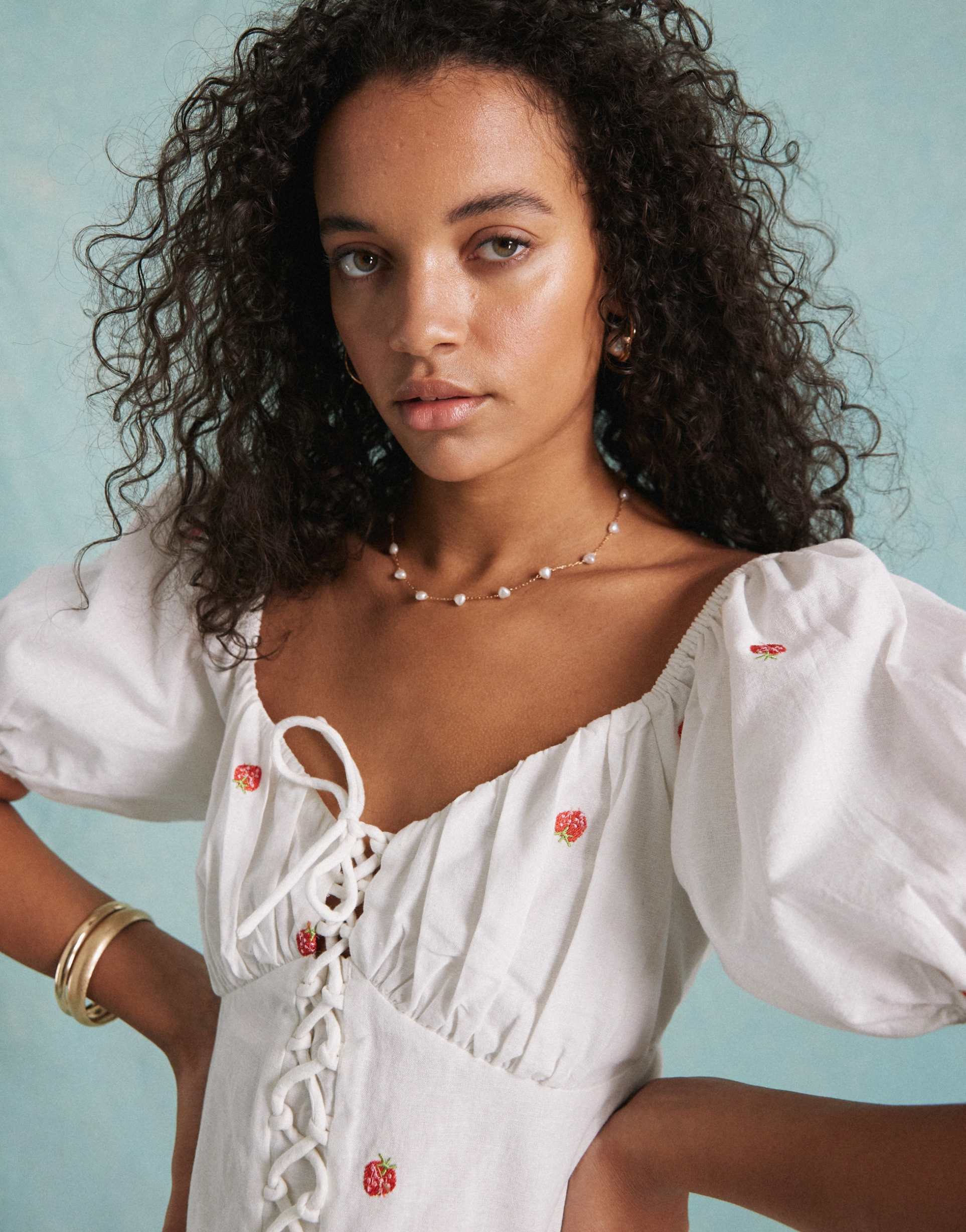 miss selfridge linen look mini dress in cream with fruit embroidery