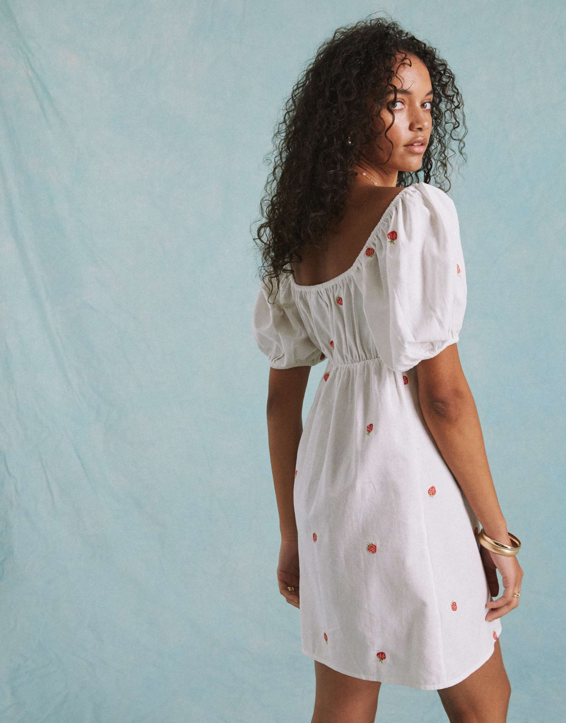 miss selfridge linen look mini dress in cream with fruit embroidery