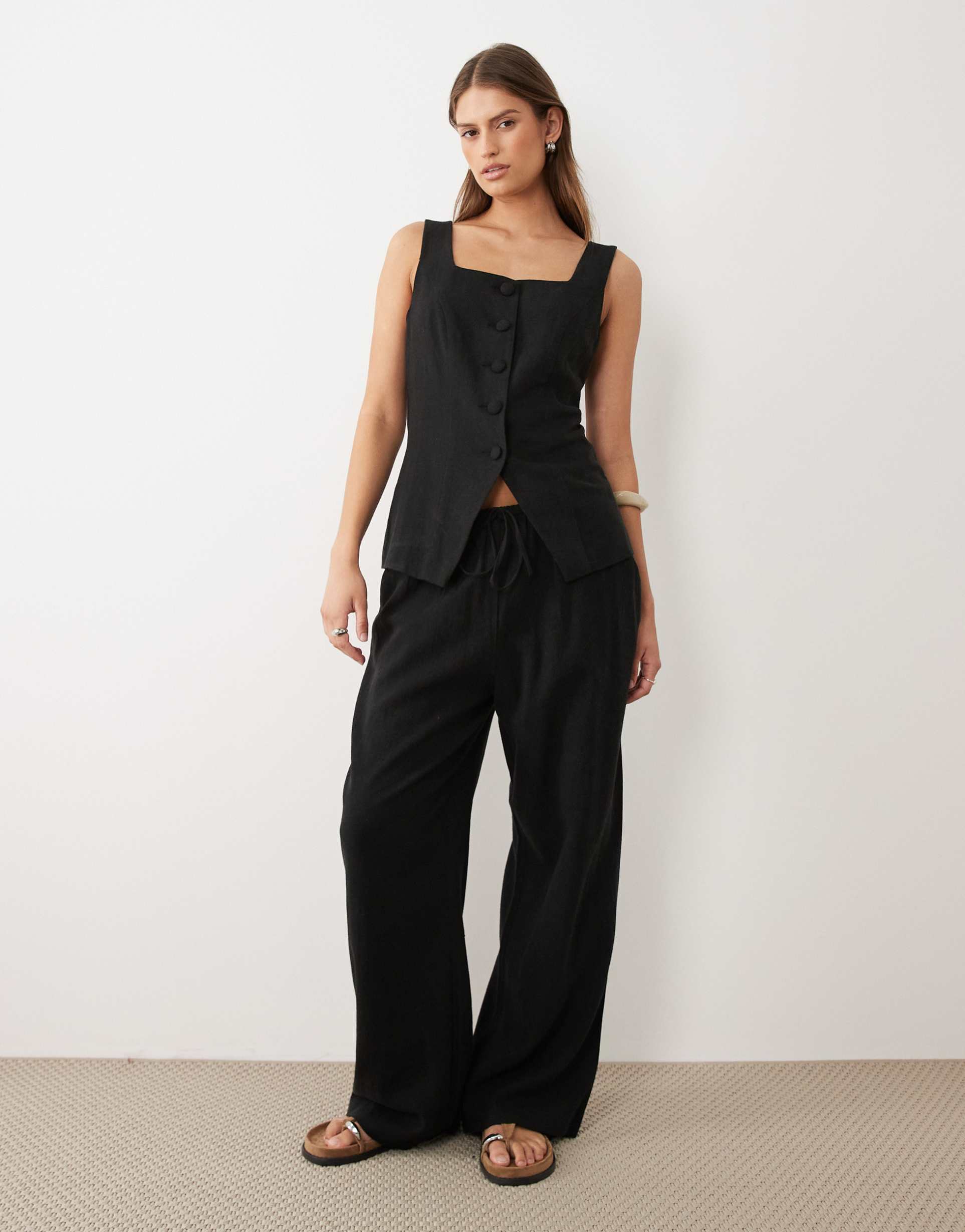 miss selfridge linen look pull on pants in black