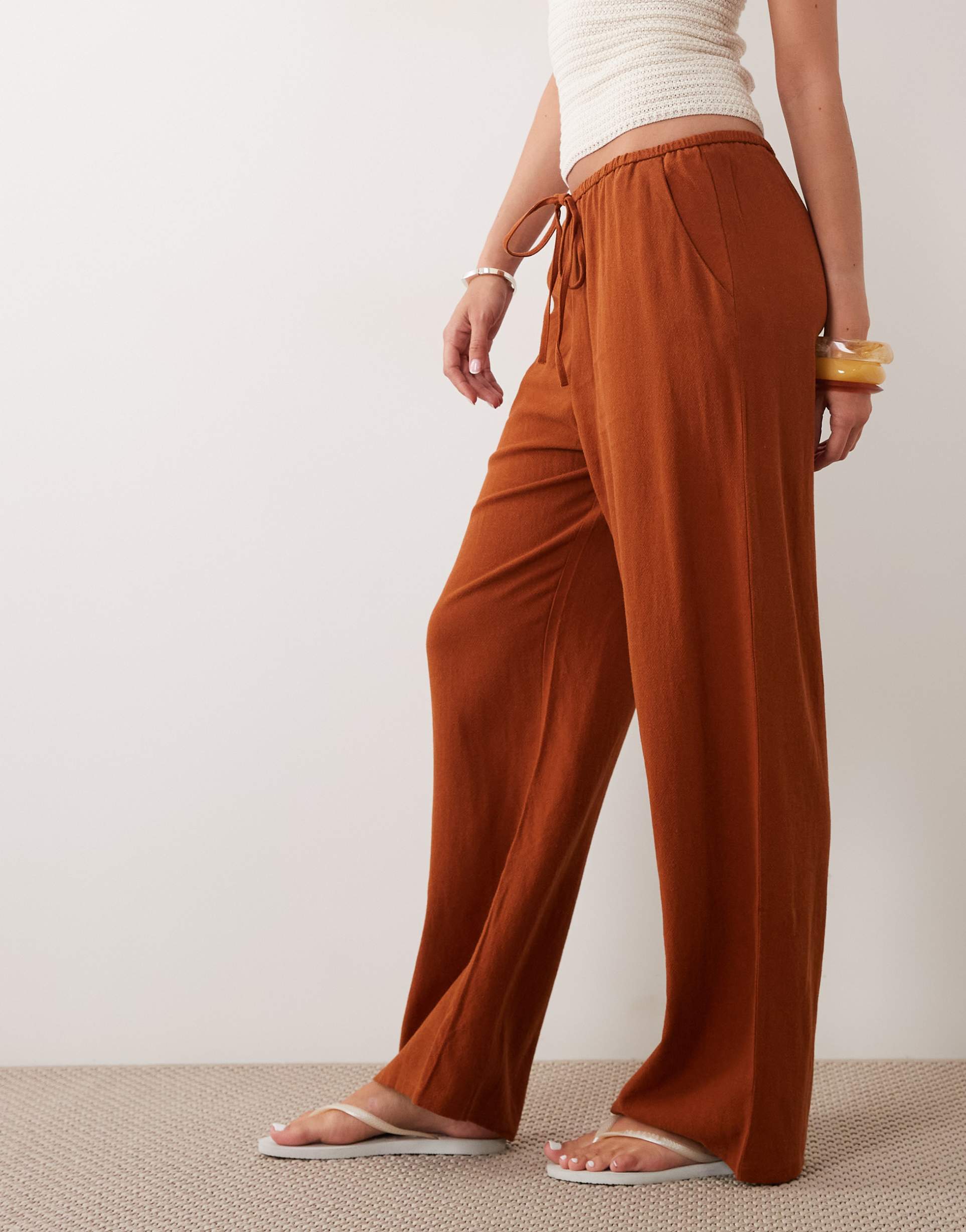 miss selfridge linen look pull on pants in rust