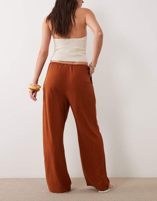 Miss Selfridge linen look pull on pants in rust, 4 of 5