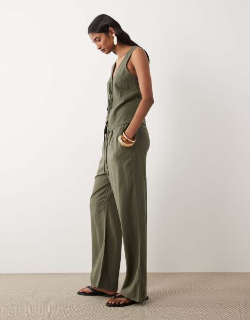Miss Selfridge linen look pull on trouser in olive, 2 of 5