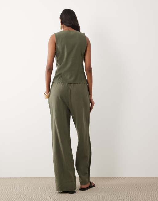 Miss Selfridge linen look pull on trouser in olive, 3 of 5