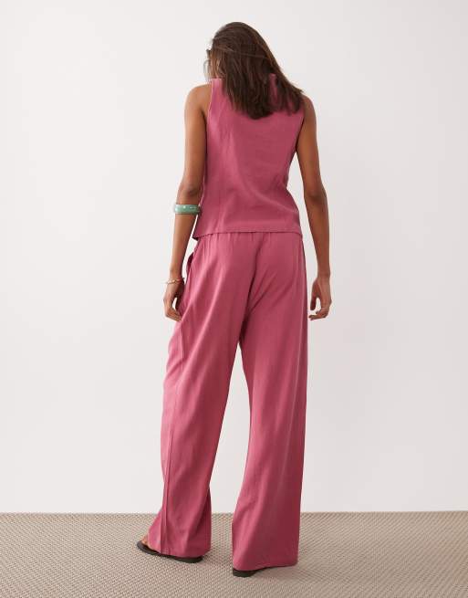 Miss Selfridge linen look pull on trouser in raspberry, 5 of 5