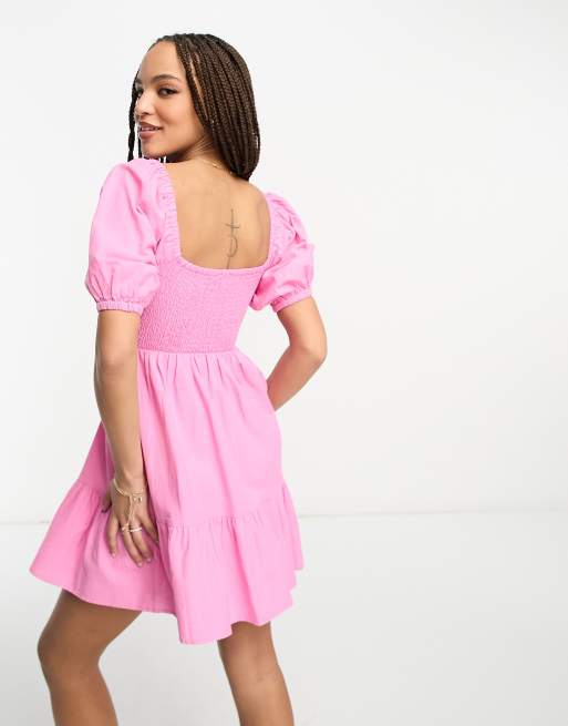knee length dresses for ladies Como Linen Blend Ric Rac Trims Unique Print Puff Sleeve Mini Dress –  prettylilygal main image 0