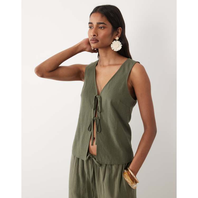 Miss Selfridge linen look tie front vest in olive | ASOS