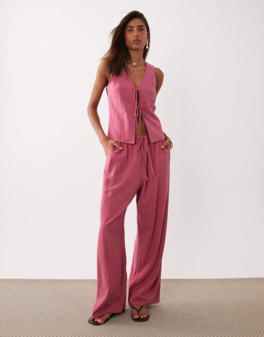 Miss Selfridge linen look tie front waistcoat in raspberry, 2 of 4