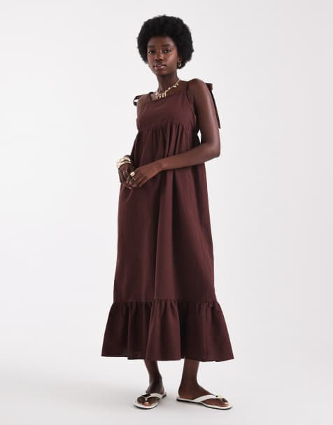 Miss Selfridge linen look tie shoulder maxi dress in chocolate - view 1