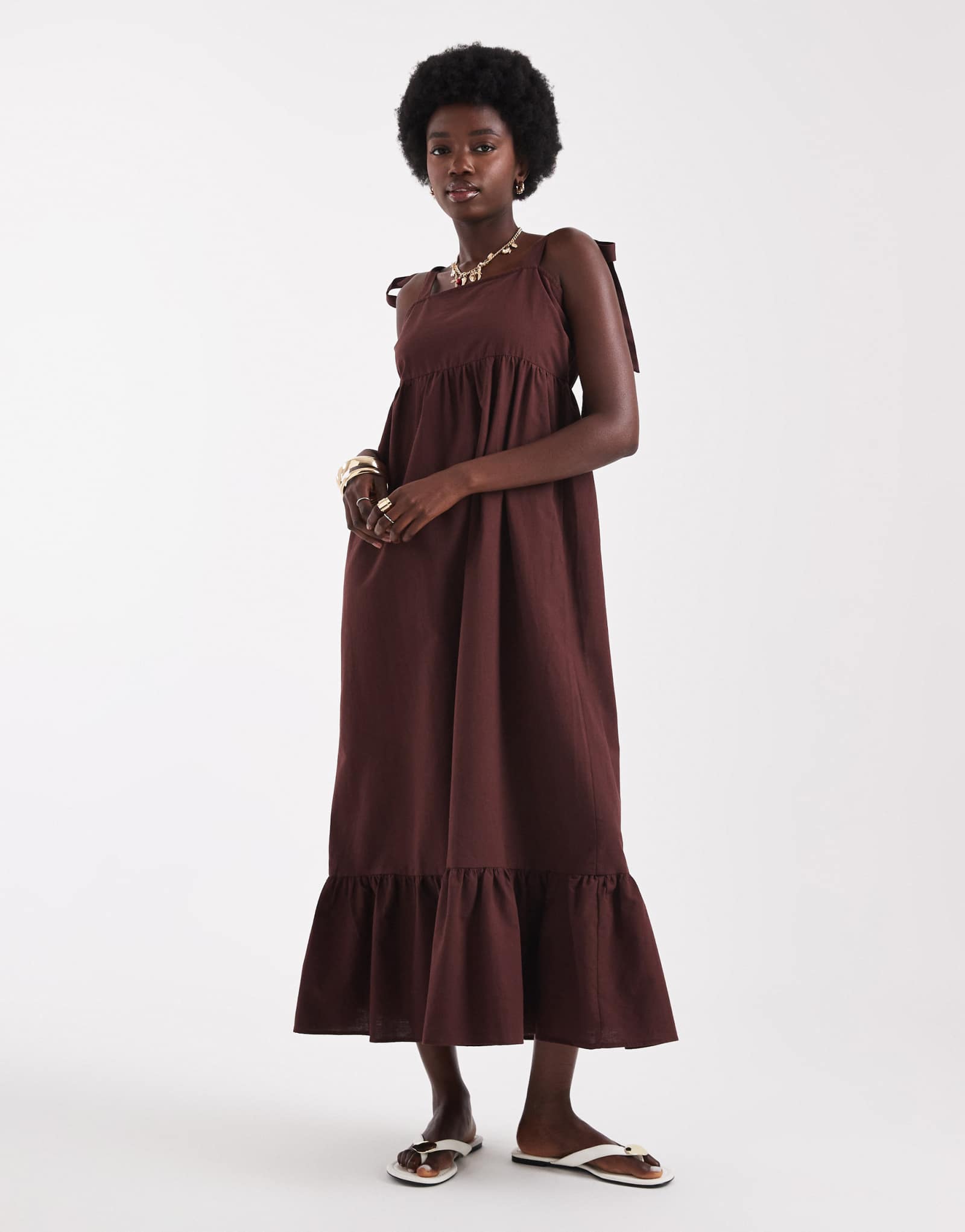 Льняное макси-платье Miss Selfridge с завязками на плечах шоколадного цвета