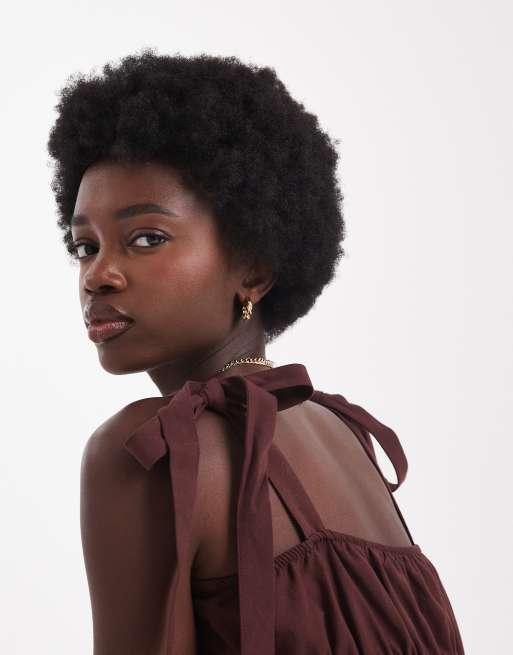 Miss Selfridge linen look tie shoulder maxi dress in chocolate, 2 of 4