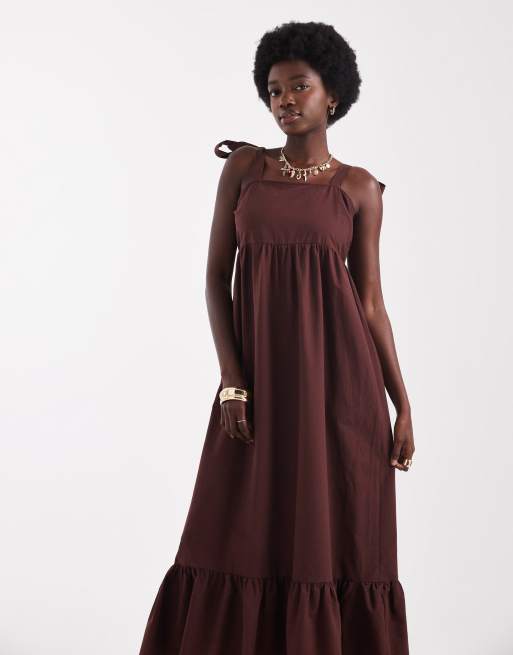 Miss Selfridge linen look tie shoulder maxi dress in chocolate, 3 of 4