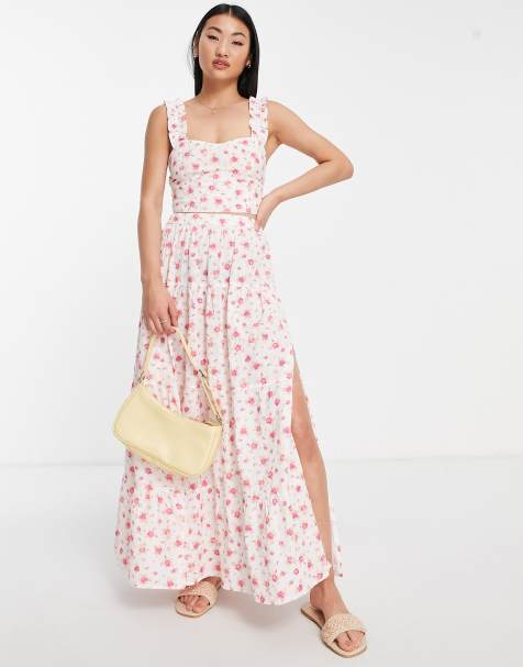 Miss Selfridge linen look tiered maxi skirt in pink ditsy - view 1