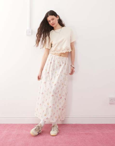 Miss Selfridge linen midi slip skirt in cream floral print - view 1