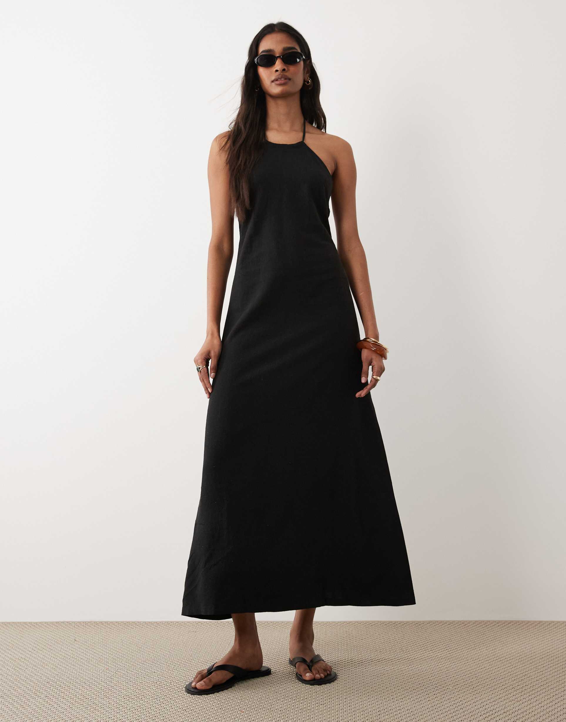 miss selfridge linen mix halter maxi dress in black