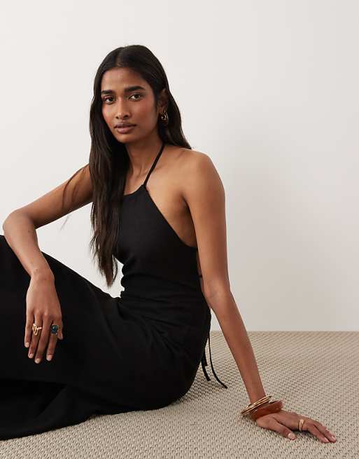 black linen maxi dress Shop Check in early and run the resort with this chic Nellie Maxi Dress Black Linen