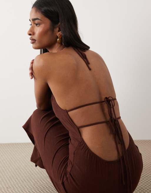 Miss Selfridge linen mix halter maxi dress in chocolate, 2 of 4