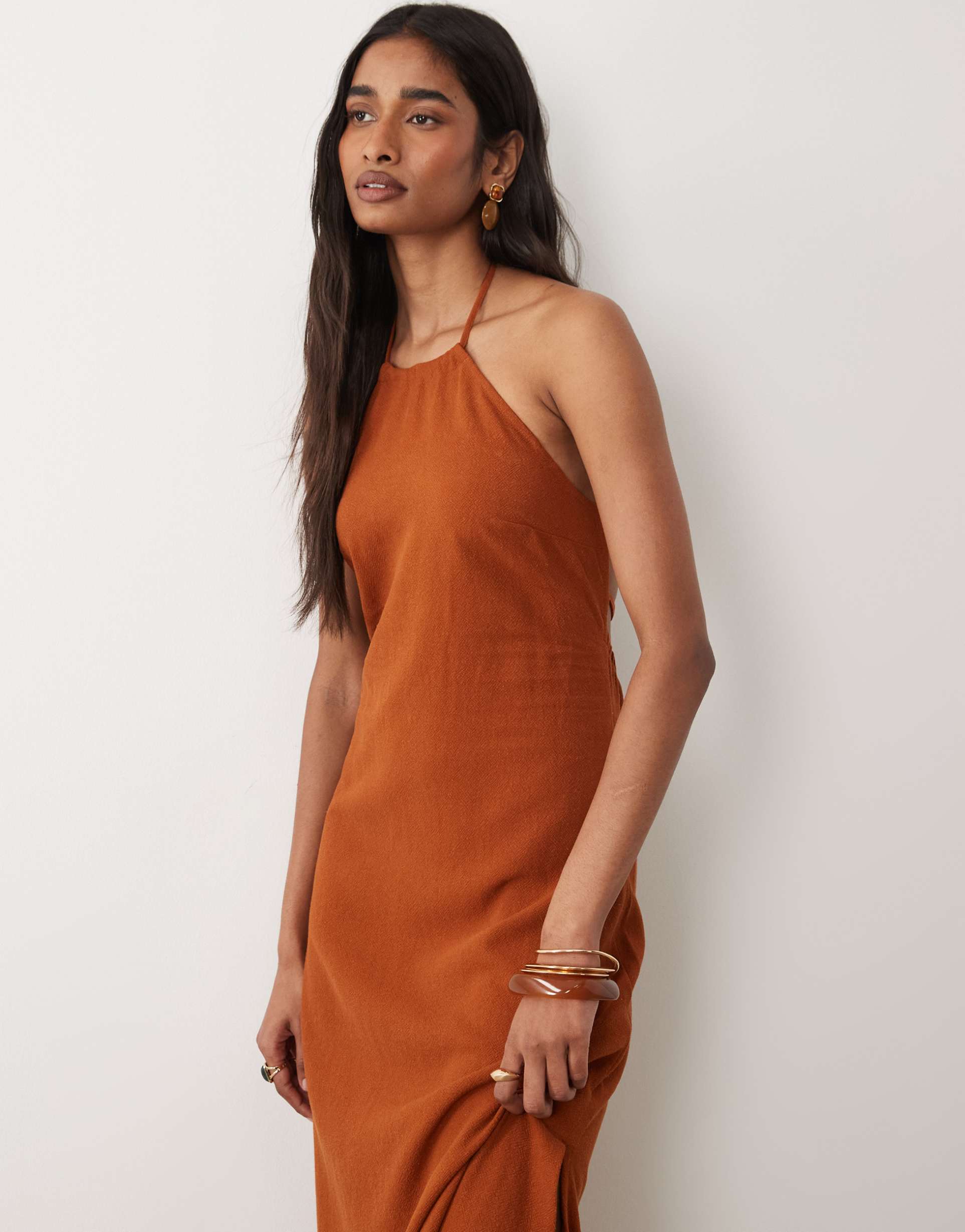 miss selfridge linen mix halter maxi dress in rust