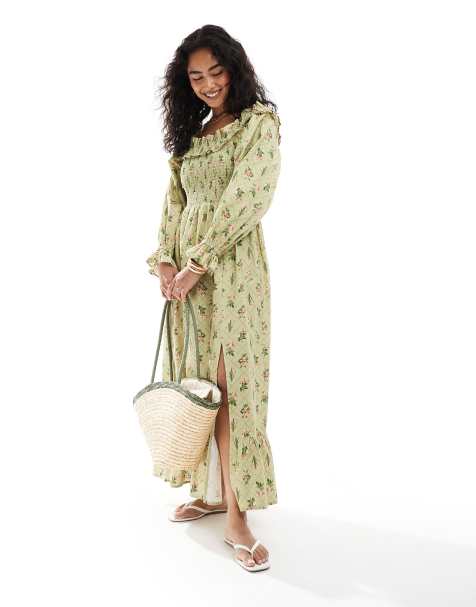 Miss Selfridge linen mix printed off the shoulder maxi dress in green floral - view 1