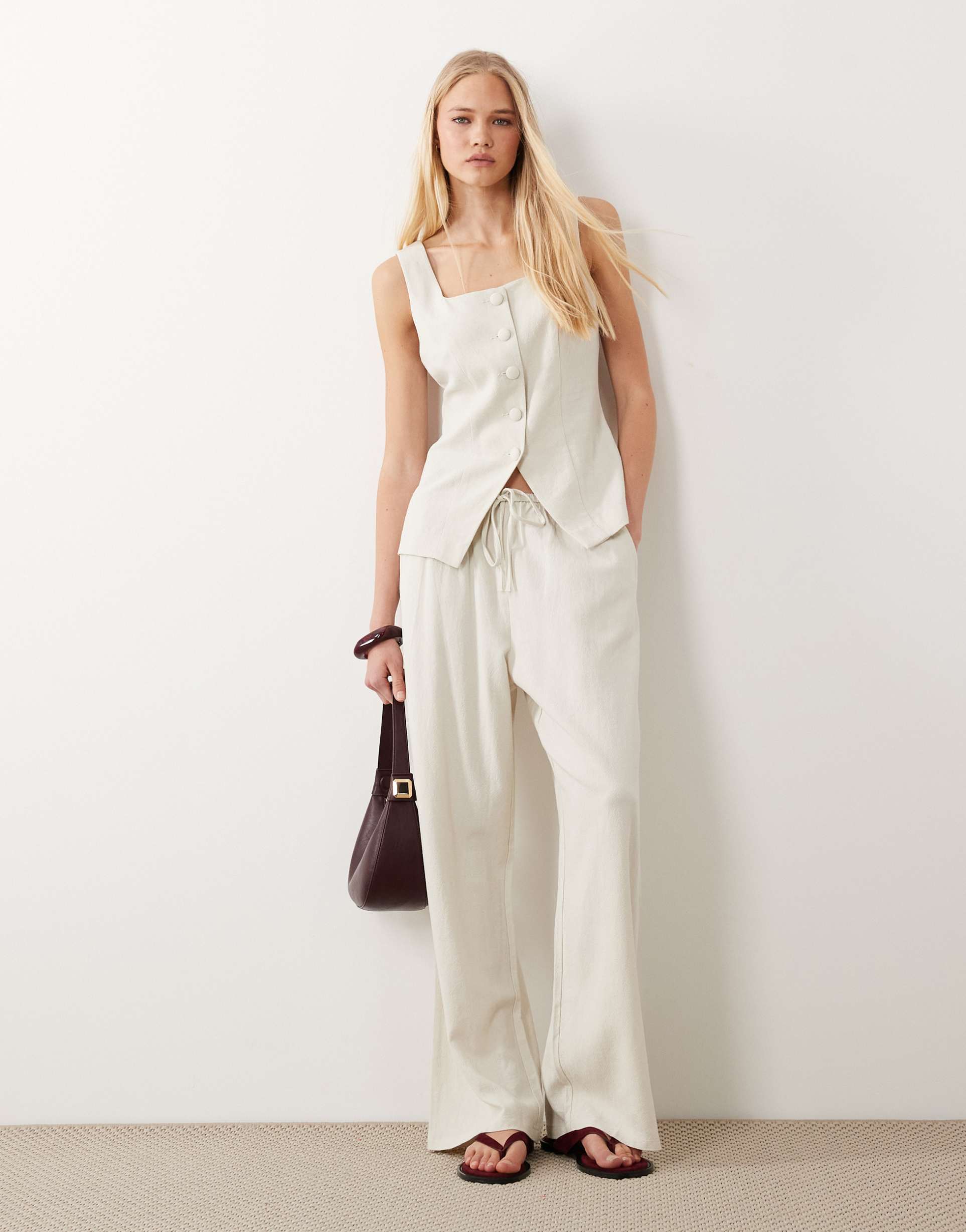 miss selfridge linen mix pull on pants in stone