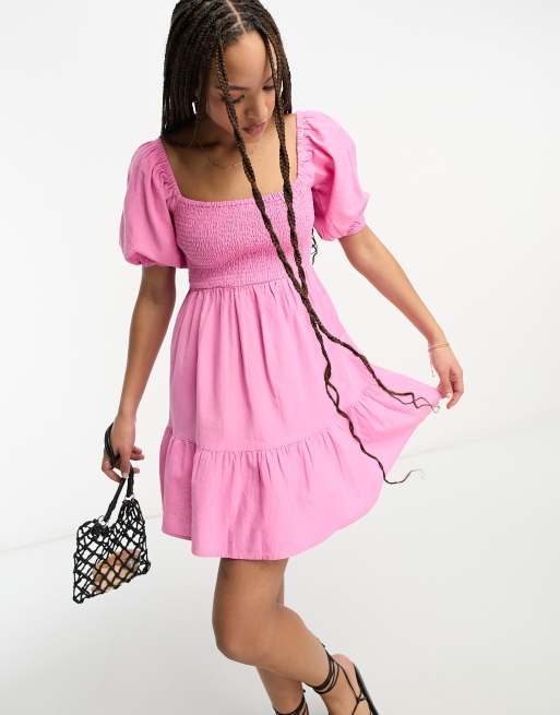 Miss Selfridge linen mix shirred puff sleeve mini dress in pink 